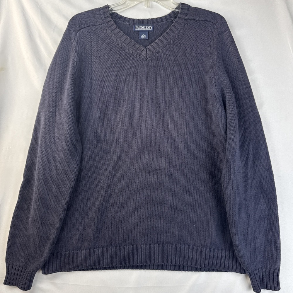 Lands' End Men's V-Neck‎ Sweater Large 14-16 Navy Blue 100% Cotton